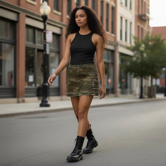 Y2K Old Navy Distressed Camo Mini Skirt Cargo Pockets Frayed Hem Women’s Size 6 - Picture 3 of 9